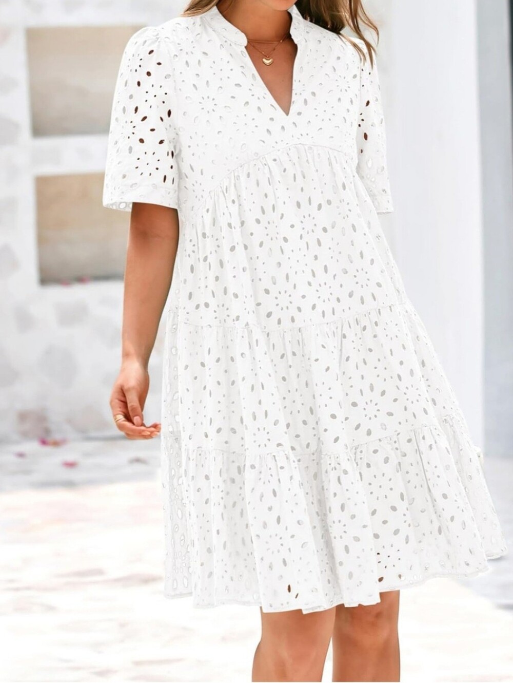White Boho Embroidered Lace Eyelet Tiered Summer Mini Dress- Full & Plus Sizes - Picture 8 of 9